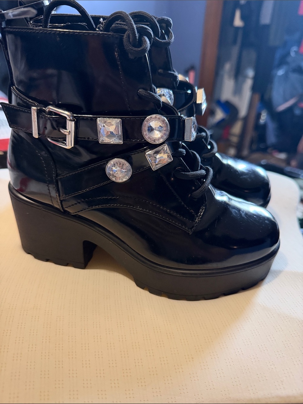GB girls Black Patent Platform Lace-Up Ankle Boots with Crystal Straps